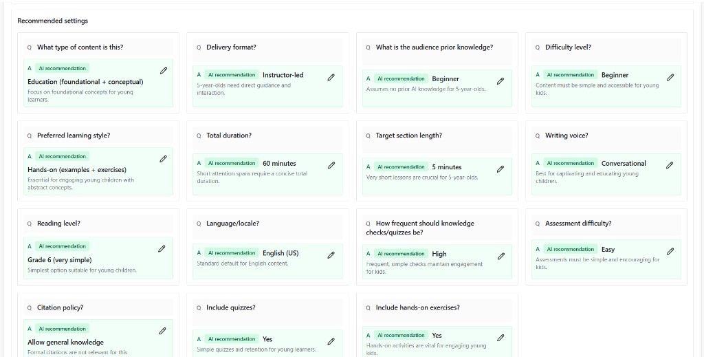 AI recommended settings for course creation