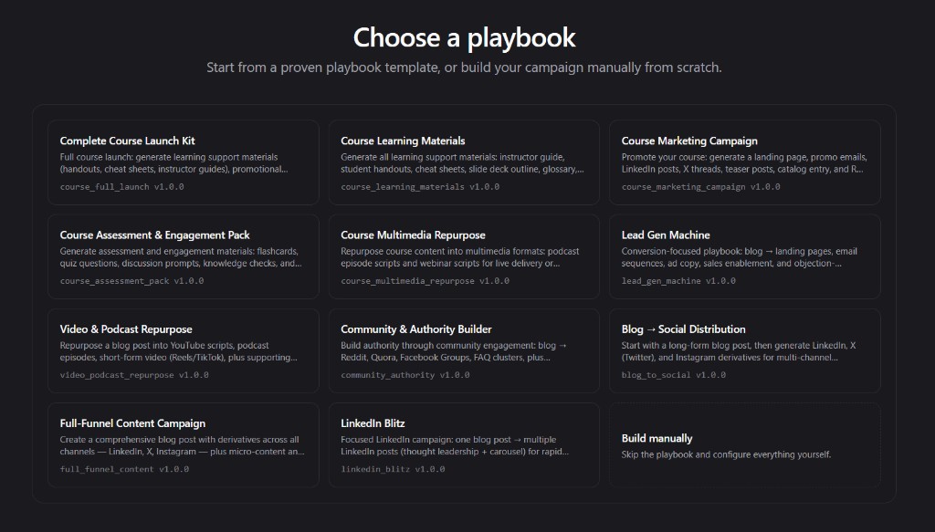 Modulyn campaign builder — choose a playbook and launch
